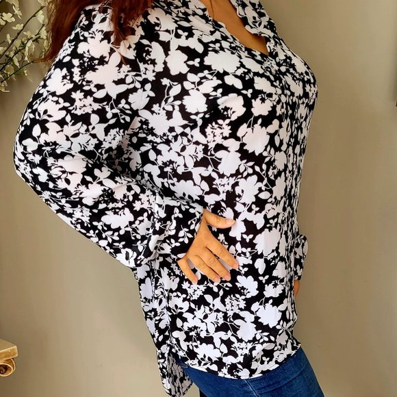Ava & Viv Tops - Ava Viv Women's Blouse Long (Roll Up) Sleeve V-Neck Black & White Color,1X Size